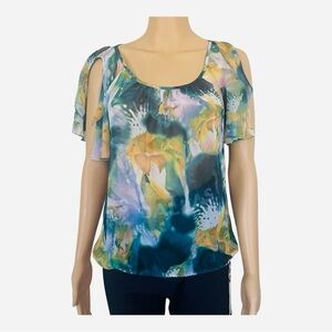 ANA anew approach abstract pattern top Petite M flared sleeves cold shoulder